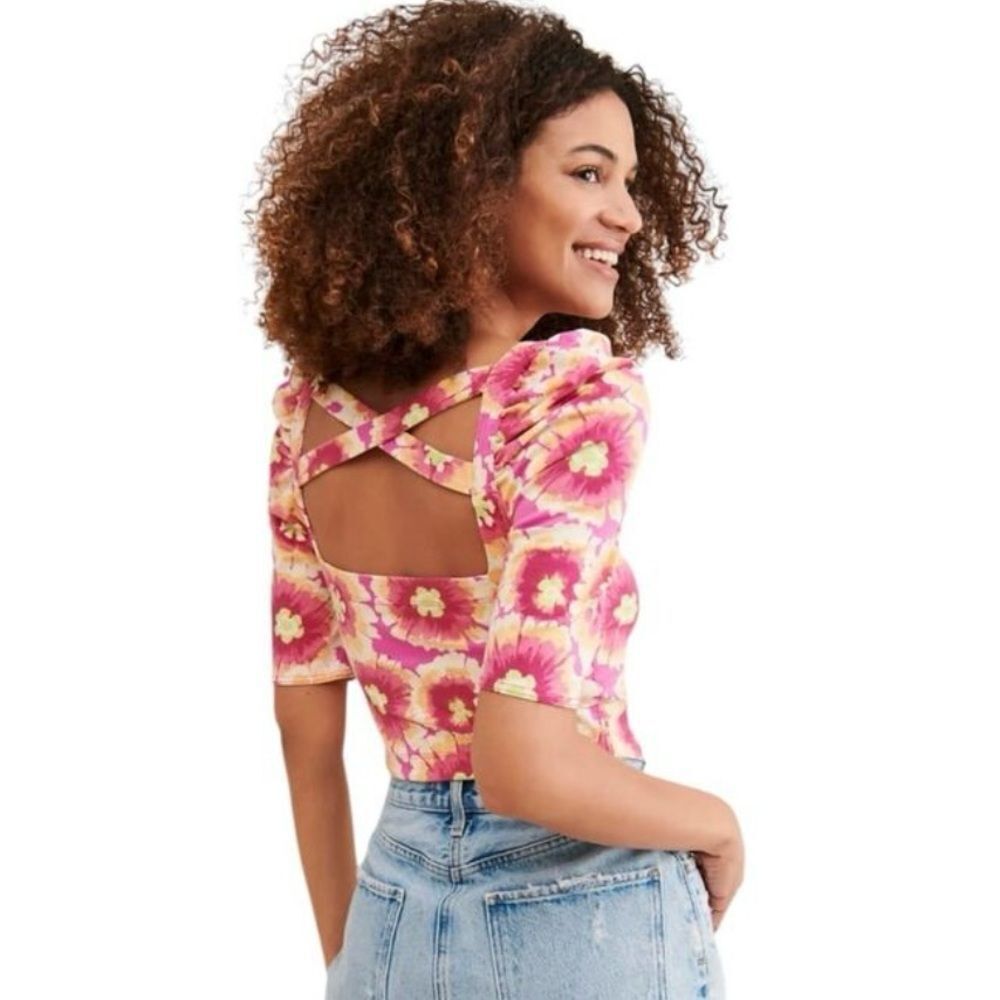 Free People Give Me More Macro Flower Top pink combo cut out design NWT MSRP $98